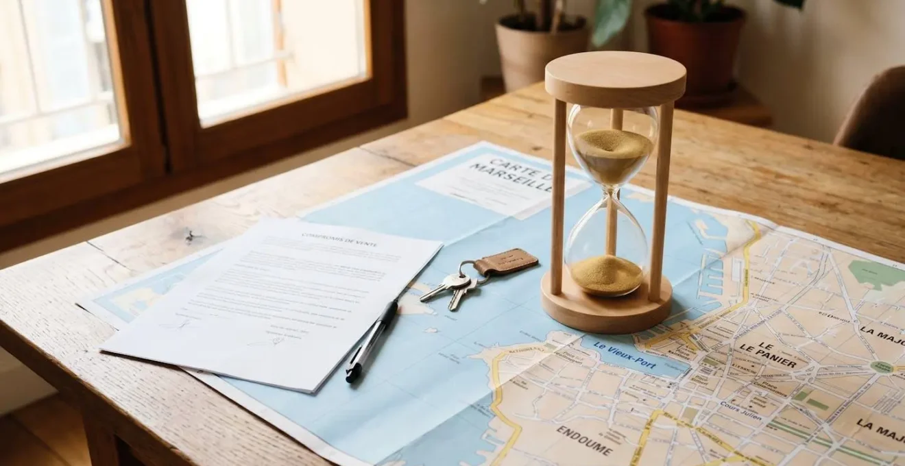 Sablier contemporain en bois et verre posé sur une carte de Marseille avec des clés de maison, symbolisant le temps de vente immobilière maîtrisé.