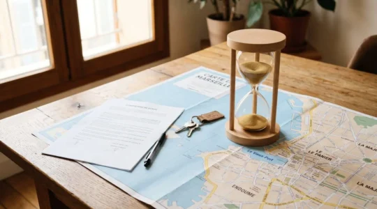 Sablier contemporain en bois et verre posé sur une carte de Marseille avec des clés de maison, symbolisant le temps de vente immobilière maîtrisé.