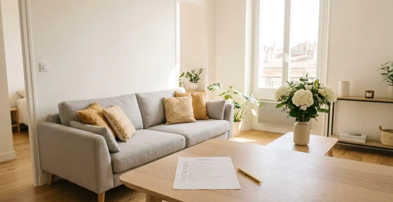 Salon d'appartement marseillais moderne et lumineux parfaitement rangé avec checklist cochée sur table basse, symbolisant la préparation optimale pour une vente rapide.